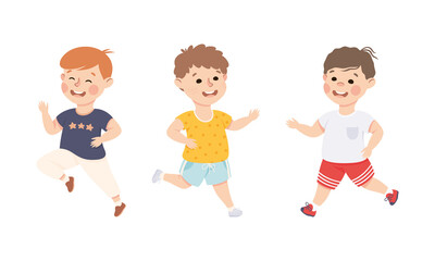 Excited Little Boy Jumping with Joy Expressing Happiness Vector Set