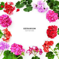 Geranium flowers and leaves creative frame and border.