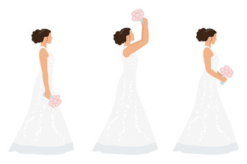 Set of brides in dresses in different poses isolated on white background. Collection marriage elements for invitation. Vector illustration in hand drawn flat style