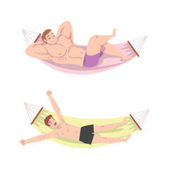 Male Lying in Hammock and Sleeping Having Rest Vector Illustration Set