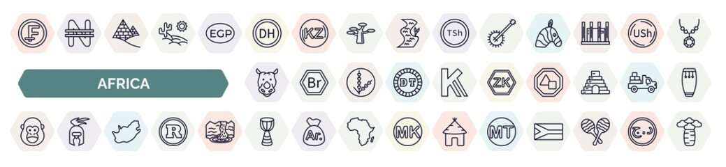set of africa icons in outline style. thin line icons such as central african franc, moroccan dirham, banjo, rhino, zambian kwacha, gorilla, south africa, african drum, mozambican metical - obrazy, fototapety, plakaty