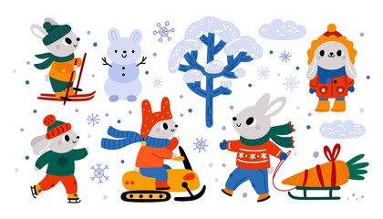Cute childish hare characters in cartoon style. Winter bunny animals. Merry Christmas 2023 and Happy new year illustration for kids. Rabbits and snowflake holiday hand drawn season collection 
