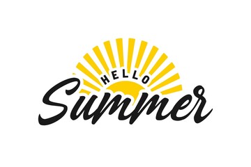 Hello Summer with Shining Sun Vector. Hand drawn lettering. Summertime phrase, quote. Poster, card, design element.