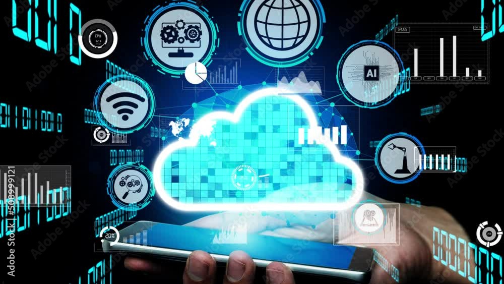 Poster conceptual cloud computing and data storage technology for future innovation . 3d render computer gr