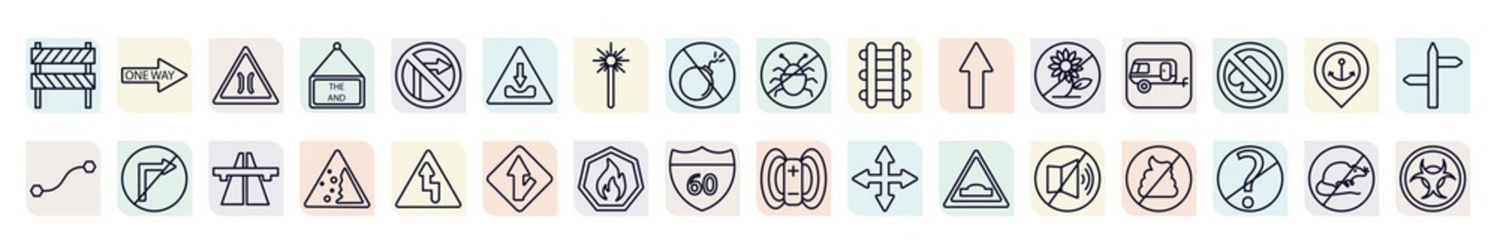 set of traffic signs icons in outline style. thin line icons such as barrier, bridge road, pothole, railway, caravan, no turn, falling rocks, fire, no sound icon.