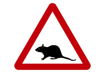 Peligro ratas. Señal de peligro con la silueta negra de una rata - obrazy, fototapety, plakaty