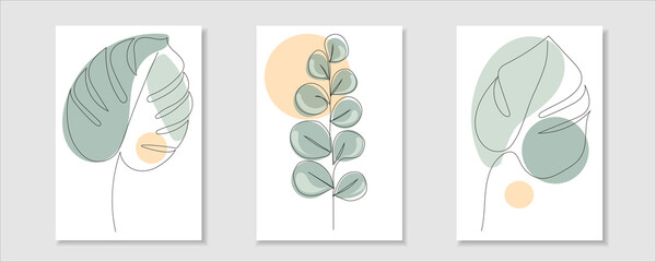 One line drawing of tropical leaves monstera, eucalyptus. Modern, boho single line art. Vector illustration. Green and yellow shapes of different shapes of blots © Marykor