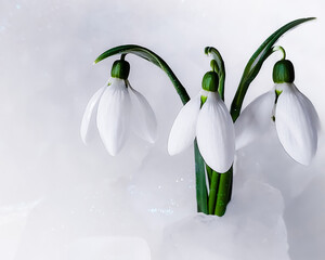 Snowdrops in the snow in early spring. - 508999916