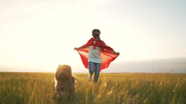 Girl in superhero mask and cape run through green grass at sunset. Happy girl with dog in park. Child play with pet in park. Child play and dream in summer in meadow in park. Successful girl winner