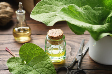 Bottles of Burr oil and Burdock infusion or tincture. Leaves of arctium lappa - latin name for...