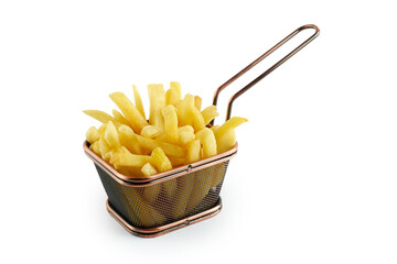 Delicious crusty french fries in mesh metal basket on white