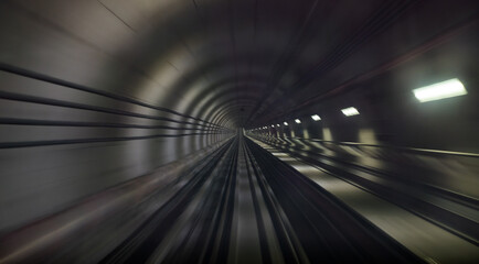 Underground one way metro subway tunnel with blur effect. defocus
