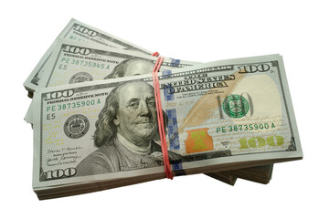 Packs of new design dollars isolated on white background, top view. New dollars design isolated on...