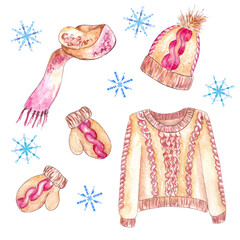 Hand drawn watercolor set of winter knitted clothing. Brown woolen suit