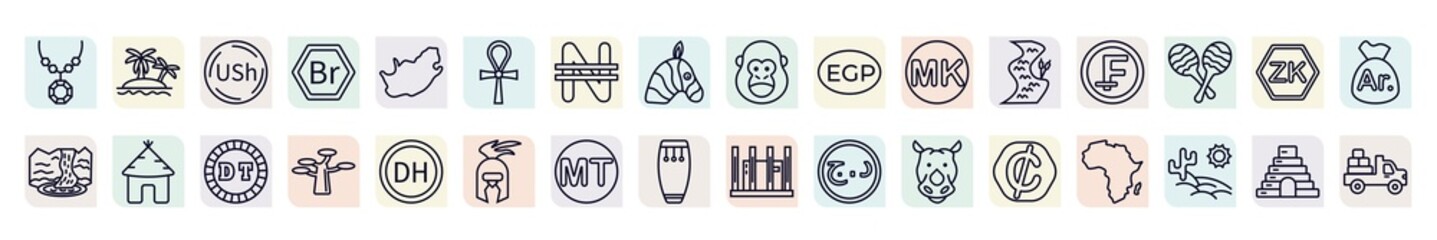 set of africa icons in outline style. thin line icons such as pendant, ugandan shilling, ankh, egyptian pound, central african franc, hut, marula, mozambican metical, cedi icon. - obrazy, fototapety, plakaty