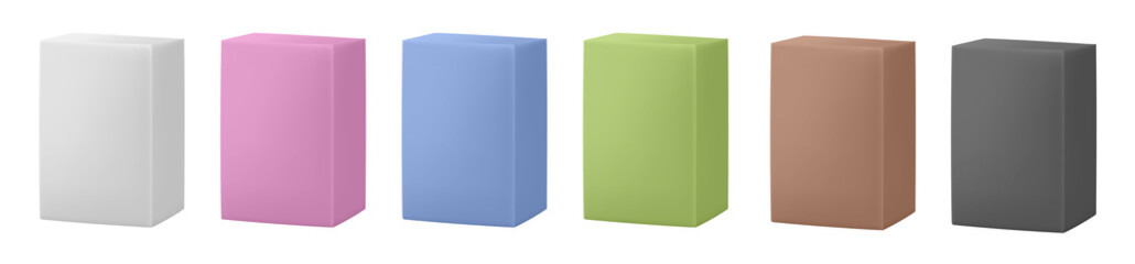 Blank cardboard package boxes mockup. Box set. White, green, blue, pink, black and brown packs