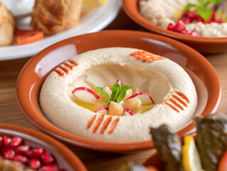 Multiple lebanese appetizers and salads togeather on the table. focused on hummus