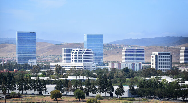IRVINE, CALIFORNIA -6 JUNE 2022: Panoramic Aerial shot of  Irvine. Viewed from the Great Park Balloon