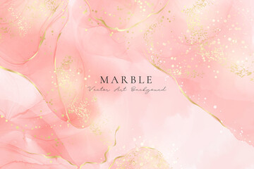 Rose pink liquid watercolor background with golden dots. Dusty blush marble alcohol ink drawing effect. Vector illustration design template for wedding invitation, menu, rsvp