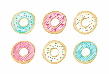 Watercolor set of colored donuts on a white background. Stock illustration.