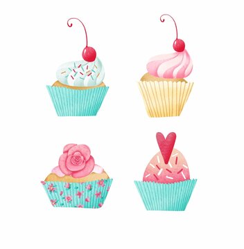Watercolor set of cupcakes on a white background. Cute cartoon style. Stock illustration.