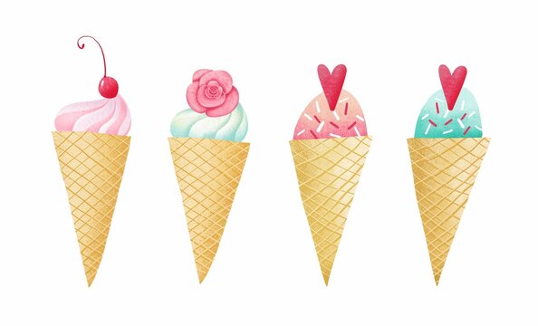 Watercolor set of ice cream in a waffle cone on a white background. Stock illustration.