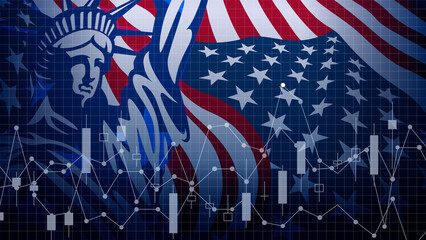 USA flag banner background design with the statue of liberty and economy, digital currency data diagram. Vector illustration.  © Tajuddin