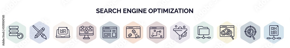 Poster set of search engine optimization web icons in outline style. thin line icons such as backup, de, bl