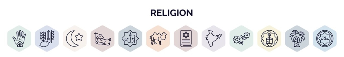 set of religion web icons in outline style. thin line icons such as henna painted hand, four species, crescent moon and star, lamb of god, allah word, dromedary, torah book, india, qibla © IconArt