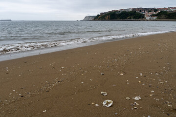north sea beach with cloudy day with waves on the shore and village in the background of the picture