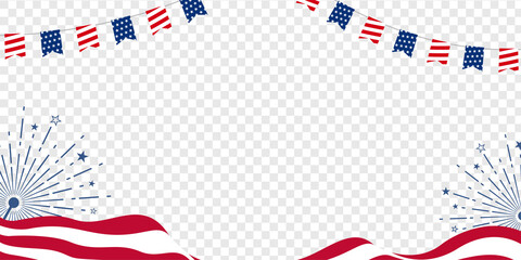 American event celebration transparent banner background with the USA waving flag, firework, etc. Vector illustration.