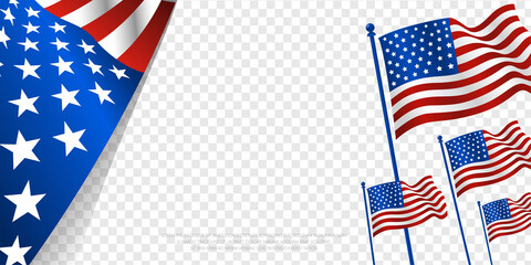 Fototapeta premium United States of America transparent banner background with group waving USA flag. Vector design. 