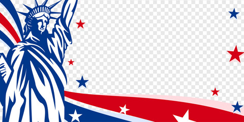 United States of America banner with red and blue stripe, Statue of liberty transparent background. Vector illustration. © Tajuddin