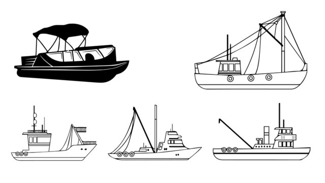 Sea ship, boat and yacht set, ocean or marine transport concept vector Illustration in flat style