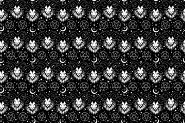 bright mystical occult pattern with goat and pentagram - obrazy, fototapety, plakaty