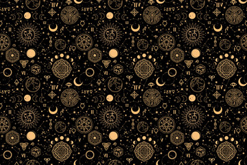 seamless esoteric pattern with different alchemical elements - obrazy, fototapety, plakaty