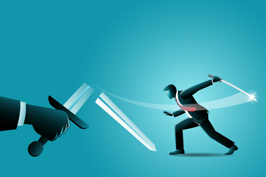 Vector illustration of business concept, businessman cut big sword in giant hand with sword