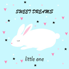 Hand drawn bunny, clouds, stars, sweet dreams phrase baby. Vector illustration for invitations, greeting cards, posters