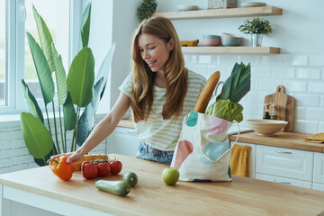 Attractive young woman unpacking the bag with healthy food while standing at the domestic kitchen