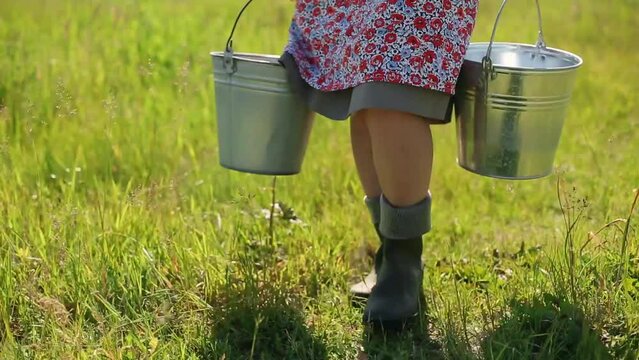 Close-up of a milkmaid carrying buckets and walking through tall grass