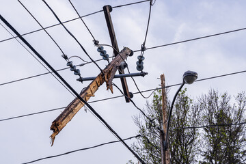Unbelievable damage electricity supply lines after hurricane strength winds snap utility poles and...