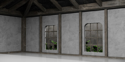 wooden window with green shutters 3d render