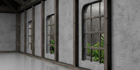 wooden window with green shutters 3d render
