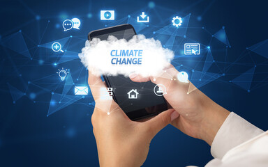 Hand using smartphone with cloud technology concept