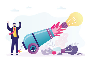 Entrepreneur shoots successful idea from a cannon. Brainstorming, glowing idea light bulb. Pitch idea. New business development. Businessman want makes money. Innovation, concept.