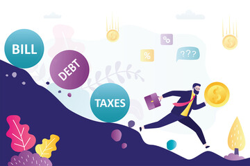Fototapeta premium Businessman with financial problems trying to avoid debt. Entrepreneur evades taxes. Man runs away from balls