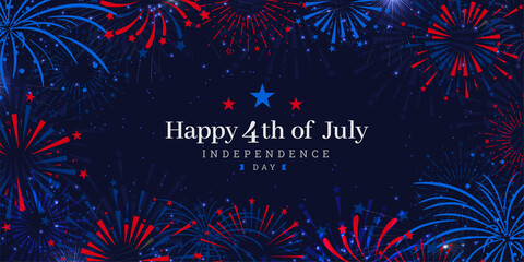 United States of America 4th of July independence day celebration firework background on dark navy blue background. Vector illustration. 