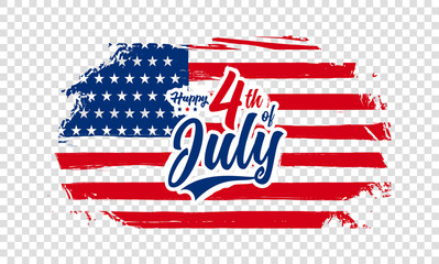 United States of America flag grunge illustration with 4th of July lettering on transparent background. Vector illustration.