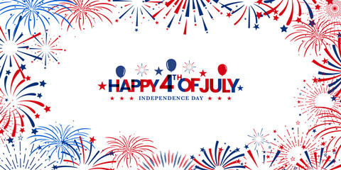 united states of America 4th of July celebration banner background with firework burst on white background with greeting typography. Vector illustration.
