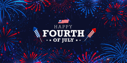 united states of America 4th of July celebration banner background with firework burst on navy blue background with greeting lettering. Vector design.  - obrazy, fototapety, plakaty